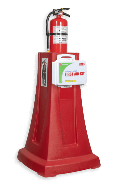 FireMate™ Red 34" Portable Fire Extinguisher Stand with 25-Person ANSI First Aid Kit - Sold Individually. Questions & Answers