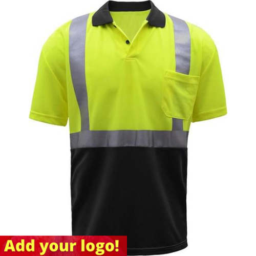 GSS® 5003 Class 2 Moisture Wicking Short Sleeve Polo Shirt, Hi-Vis Lime, Black Bottom, SPF 50 Protection. Questions & Answers